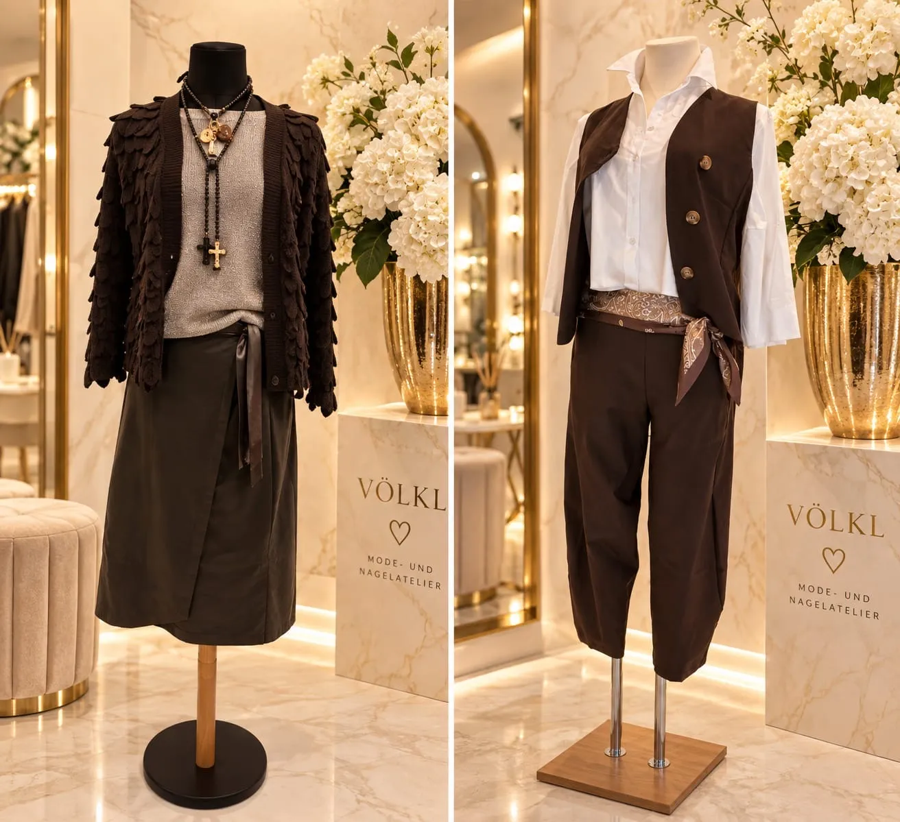 Zwei Herbstlooks 2026 im Mode-Atelier Völkl: schokobrauner Struktur-Cardigan mit Wickelrock in Oliv sowie Weste und Hose in Schokobraun mit weißer Bluse und Tuch als Gürtel