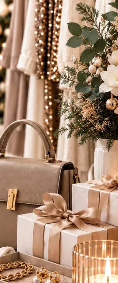 Festliche Stimmung im Advent: Kleiderstange mit Strick und Pailletten, Handtasche, Geschenke mit Satinschleife und Kerzenlicht