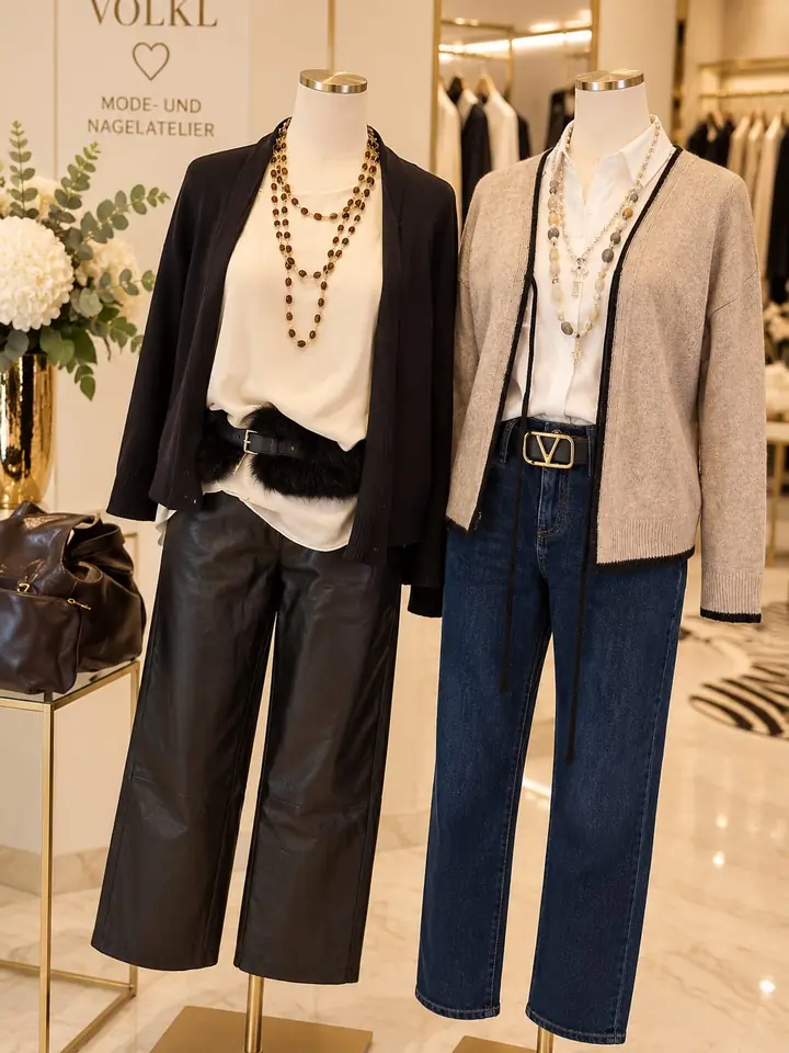 Zwei Herbstlooks nebeneinander: schwarzer Cardigan mit Hose in Lederoptik und Fellgürtel sowie sandfarbener Cardigan mit schwarzer Paspel zu Jeans und langer Kette, Herbstmode 2026 im Mode-Atelier Völkl, Haar bei München