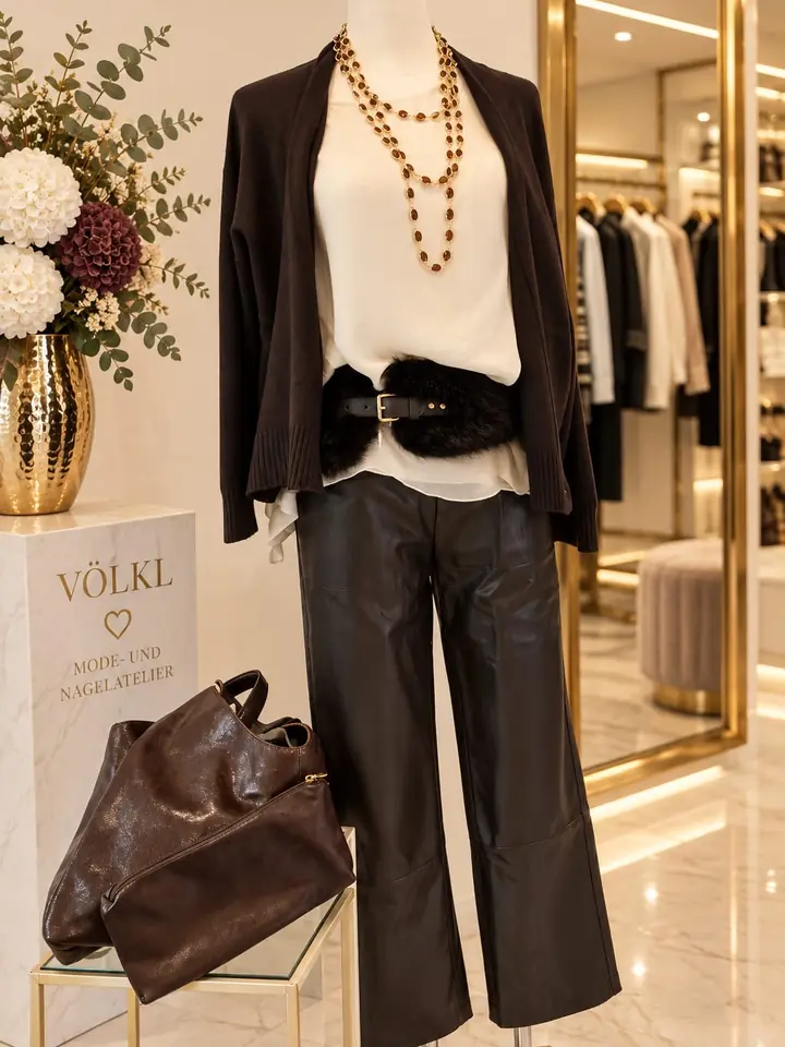 Weite Culotte in Lederoptik mit dunkelbraunem Strick-Cardigan, cremefarbenem Top, schwarzem Fellgürtel und langer Kette mit bernsteinfarbenen Perlen, Herbstmode 2026 im Mode-Atelier Völkl, Haar bei München