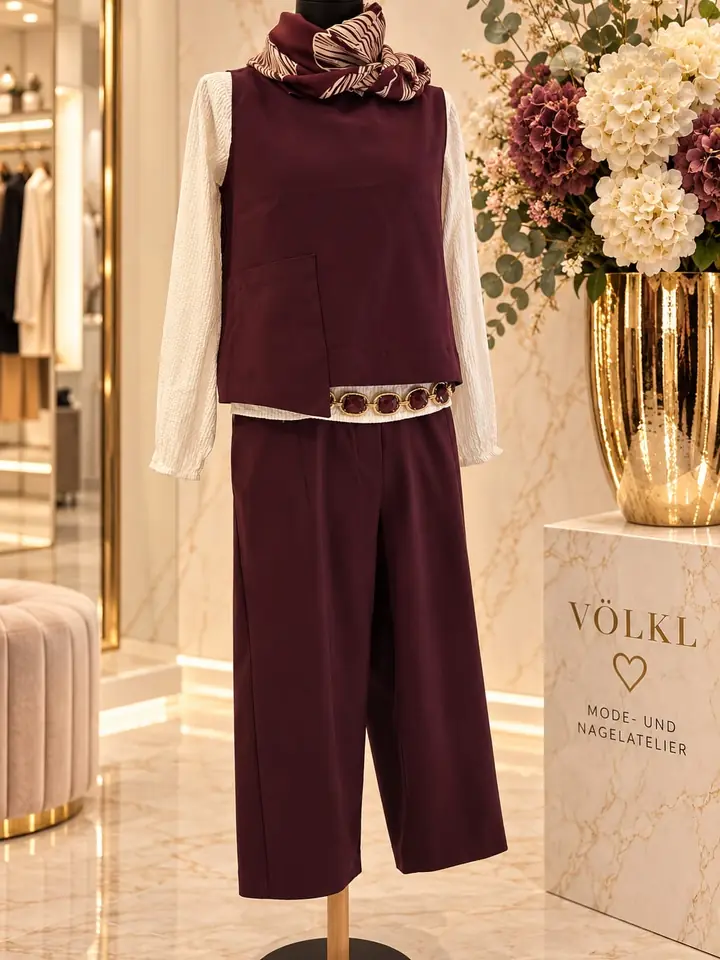 Ensemble aus ärmellosem Top und weiter Culotte in Bordeaux über weißer Crinkle-Bluse, Schmuckgürtel mit bordeauxfarbenen Steinen und gemustertes Tuch am Hals, Herbstmode 2026 im Mode-Atelier Völkl, Haar bei München