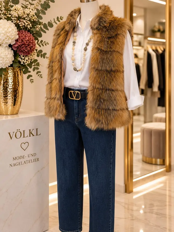 Weste aus Fake Fur in Karamell über weißer Bluse zu dunkler Jeans, schwarzer Gürtel mit goldfarbener Schnalle und lange Kette mit grauen und cremefarbenen Perlen, Herbstmode 2026 im Mode-Atelier Völkl, Haar bei München