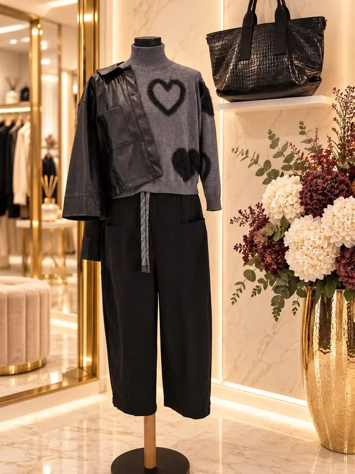 Grauer Rollkragenpullover mit flauschigen schwarzen Herz-Motiven, schwarze Jacke in Lederoptik über der Schulter, weite schwarze Hose mit Bindeband, dazu Shopper in Krokooptik, Herbstmode 2026 im Mode-Atelier Völkl, Haar bei München