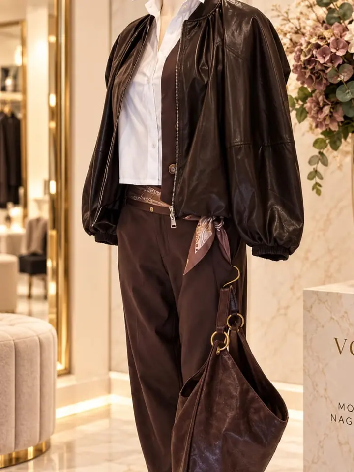 Weite Jacke in Lederoptik in Schokobraun mit Ballonärmeln über Weste, weißer Bluse und brauner Hose, gemustertes Tuch als Gürtel und braune Hobo-Tasche, Herbstmode 2026 im Mode-Atelier Völkl, Haar bei München