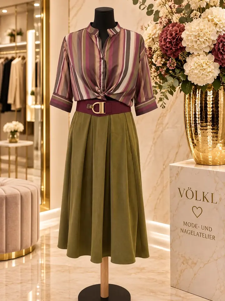 Gestreifte Bluse in Aubergine, Mauve, Oliv und Creme, vorne geknotet, zum ausgestellten Midirock in Oliv mit breitem Bordeaux-Gürtel und goldfarbener Schnalle, Herbstmode 2026 im Mode-Atelier Völkl, Haar bei München