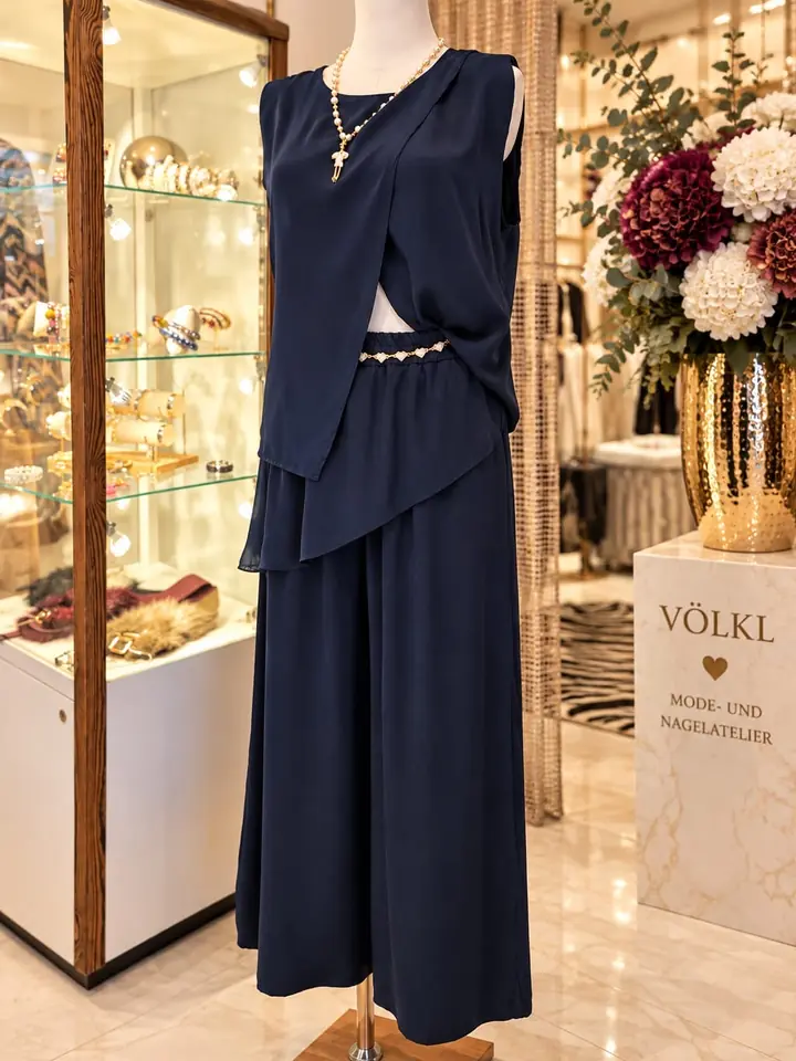 Zweiteiler in Marine aus asymmetrisch drapiertem ärmellosem Top und weiter Hose mit Perlengürtel und Perlenkette mit Anhänger, Herbstmode 2026 im Mode-Atelier Völkl, Haar bei München