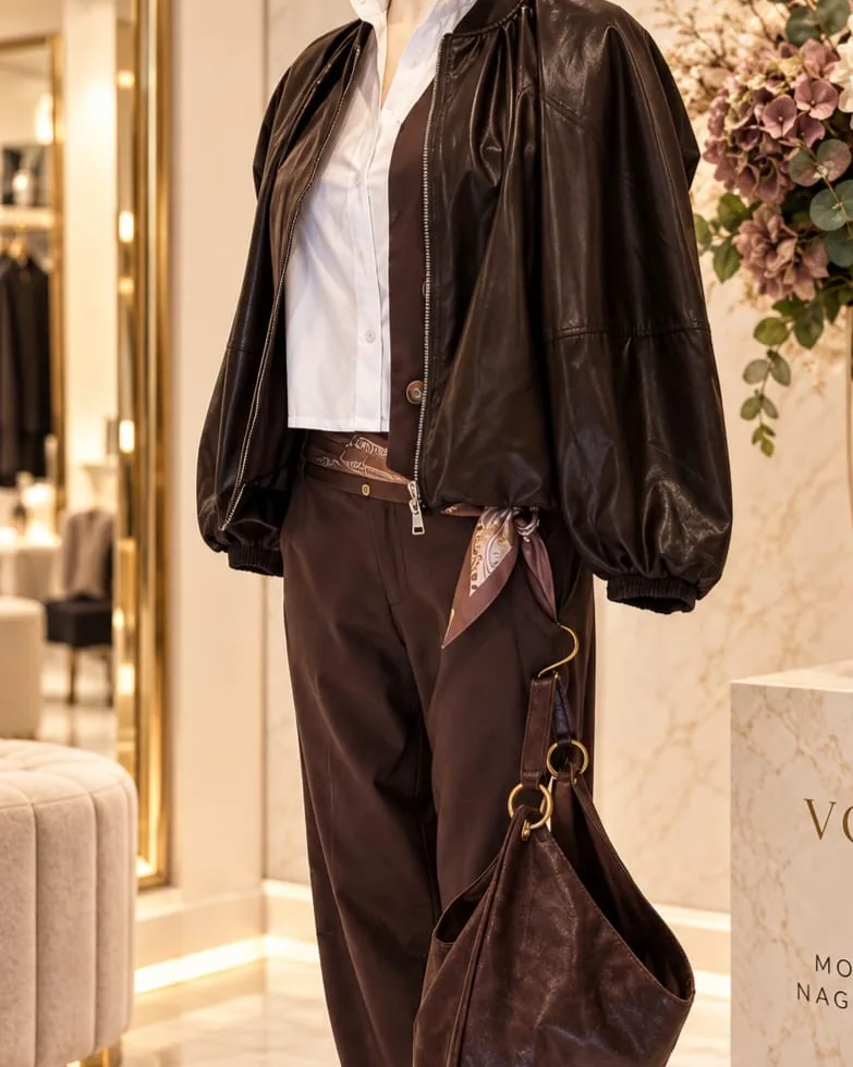 Herbstlook mit schokobrauner Jacke in Lederoptik, weißer Bluse und Tuch als Gürtel, Stilberatung im Mode-Atelier Völkl in Haar bei München